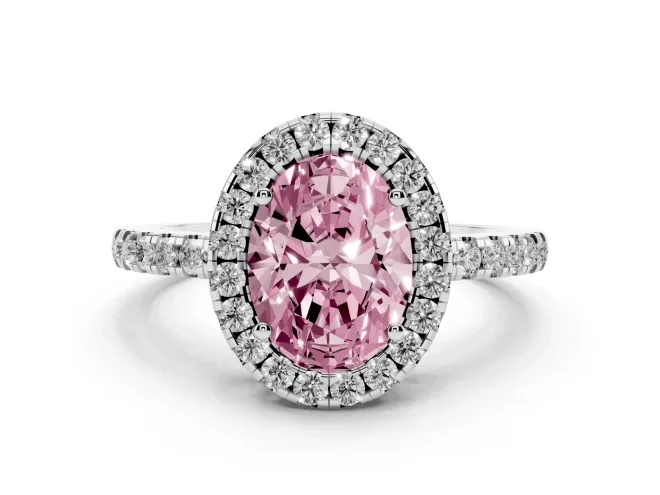 Oval Halo Engagement Ring Setting for a Fancy Pink Lab-Grown Diamond | Pavé Band | White Gold