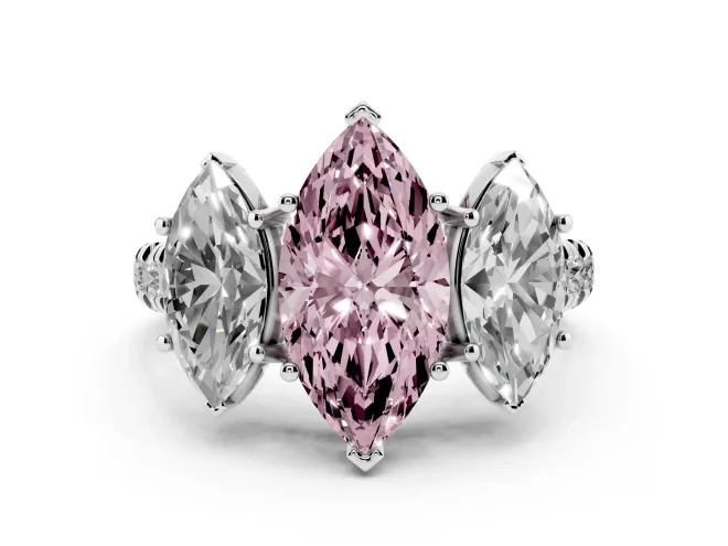 Fancy Pink Marquise Cut Diamond Three-Stone Ring Set in White gold with Pavé Band