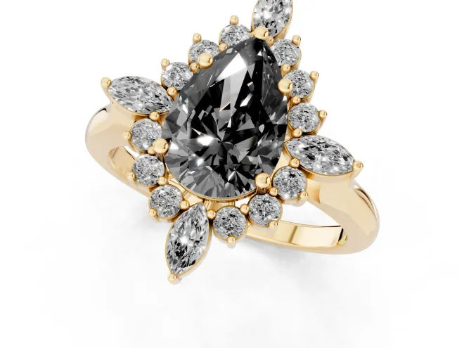 Fancy Black Pear Cut Diamond Cluster Halo Ring Set in Yellow gold with Marquise and Round Accents – second view