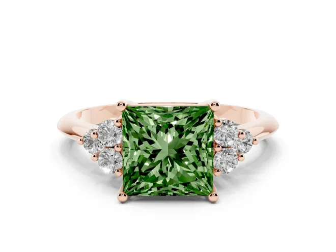 Fancy Green Princess Cut Diamond Cluster Ring Set in Rose gold with Plain Band and Prong Setting