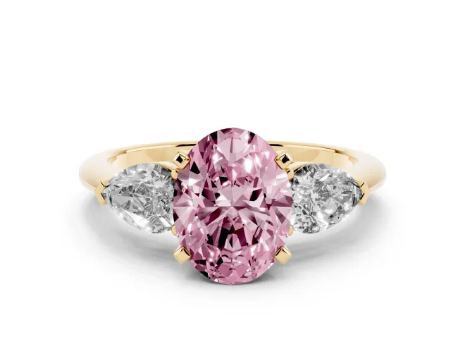 Oval Three-Stone Ring Setting for a Fancy Pink Lab-Grown Diamond | Pear Side Stones | Yellow Gold