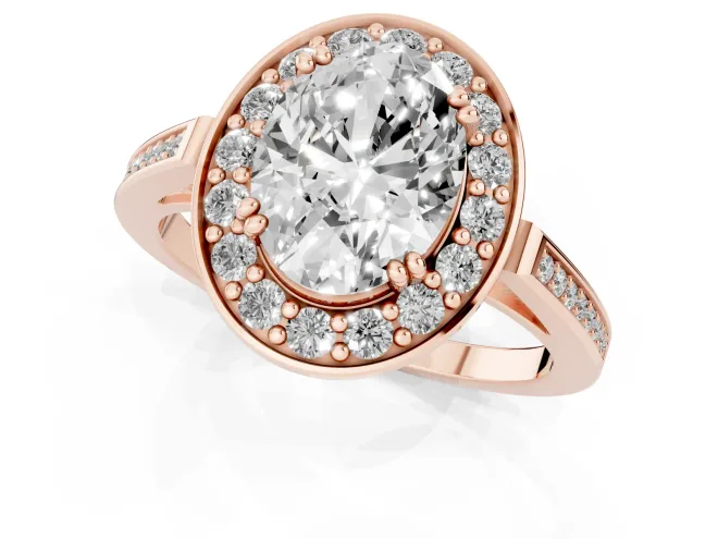 Oval Cut Diamond Halo Ring Set in Rose gold with Accent-Lined Split Shank and Prong Setting – second view
