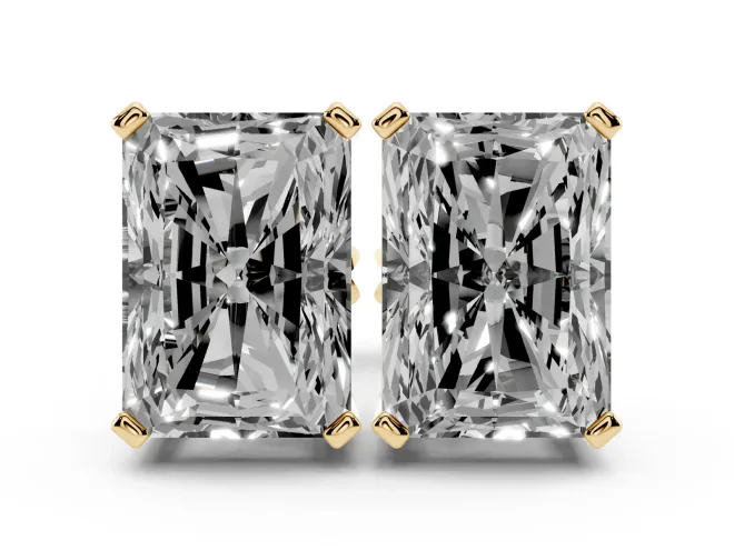 Radiant Cut Diamond Solitaire Stud Earrings Set in Yellow gold with Basket Setting