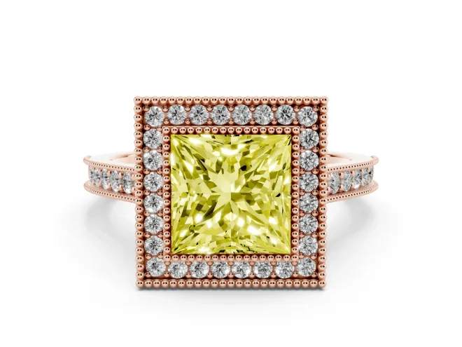 Princess Cut Vintage Milgrain Halo Engagement Ring Setting for a Fancy Yellow Lab-Grown Diamond | Bezel Head | Rose Gold