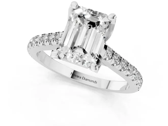 Emerald Cut Diamond Solitaire Ring Set in White gold with Brilliant Pavé Band and Prong Setting – second view