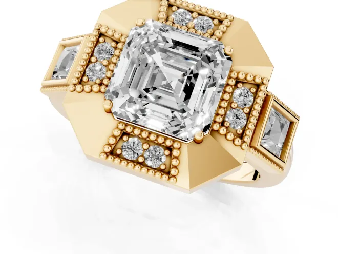 Asscher Cut Diamond Milgrain Halo Ring Set in Yellow gold with Split Shank – second view