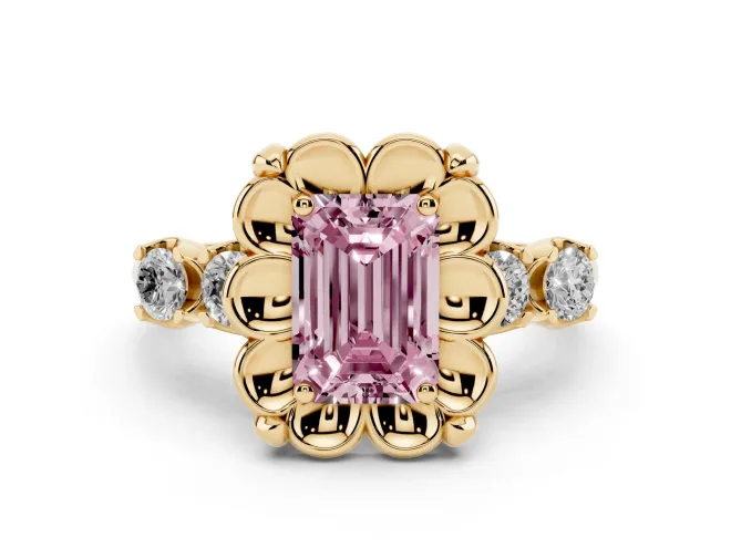 Fancy Pink Emerald Cut Diamond Floral Halo Ring Set in Yellow gold with Shared Prong Band