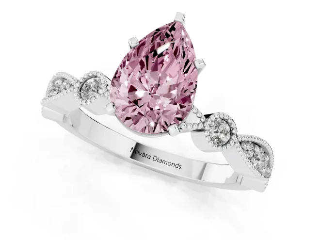 Fancy Pink Pear Cut Diamond Solitaire Engagement Ring Set in White gold with Milgrain Bezel Accent Band – second view