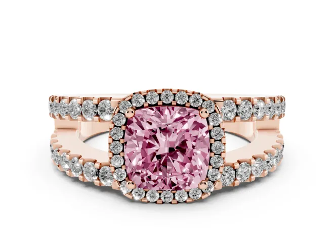 Cushion Cut Halo Split Shank Engagement Ring Setting for a Fancy Pink Lab-Grown Diamond | Rose Gold