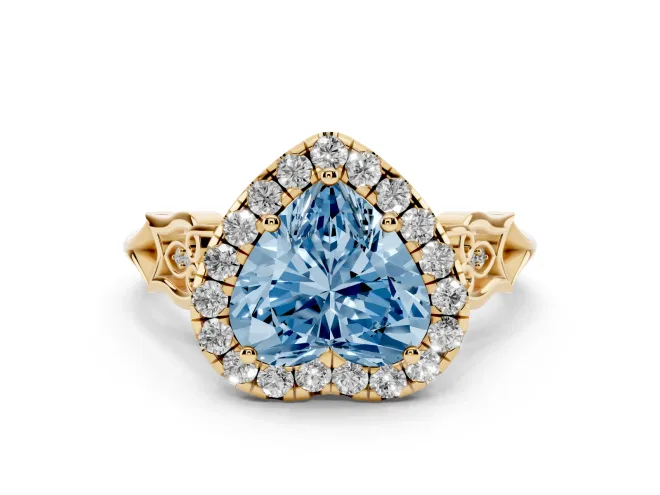 Heart-Shaped Halo Engagement Ring Setting for a Fancy Blue Lab-Grown Diamond | Filigree Shoulders | Yellow Gold