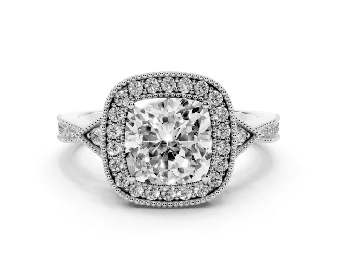 Cushion Cut Diamond Halo Engagement Ring Set in White gold with Milgrain Pavé Band