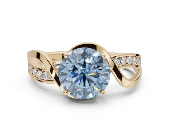 Round Bypass Solitaire Engagement Ring Setting for a Fancy Blue Lab-Grown Diamond | Pavé and Plain Strands | Yellow Gold