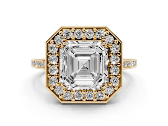 Asscher Cut Diamond Halo Ring Set in Yellow gold with Accent-Lined Split Shank and Prong Setting