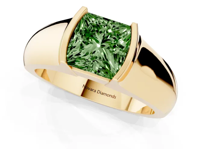 Fancy Green Princess Cut Diamond Bezel Solitaire Ring Set in Yellow gold with Wide Band – second view