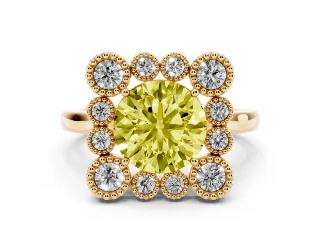 Round Milgrain Cluster Halo Engagement Ring Setting for a Fancy Yellow Lab-Grown Diamond | Plain Band | Yellow Gold
