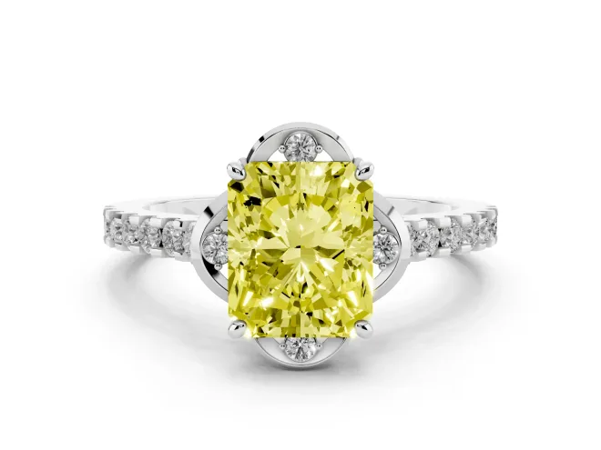 Fancy Yellow Radiant Cut Diamond Solitaire Ring Set in Silver with Pavé Band and Floral Prong Setting