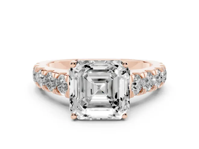 Asscher Cut Diamond Solitaire Ring Set in Rose gold with Cut-Down Micro Pavé Band and Prong Setting