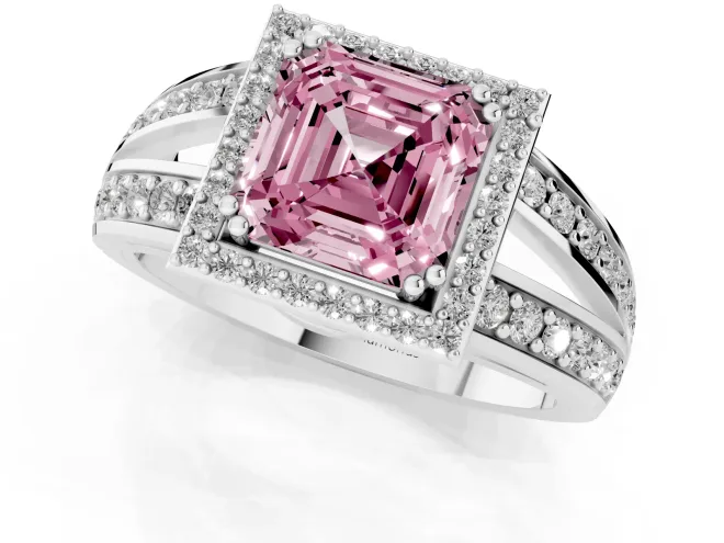 Fancy Pink Asscher Cut Diamond Halo Ring Set in Silver with Double Pavé Split Shank – second view