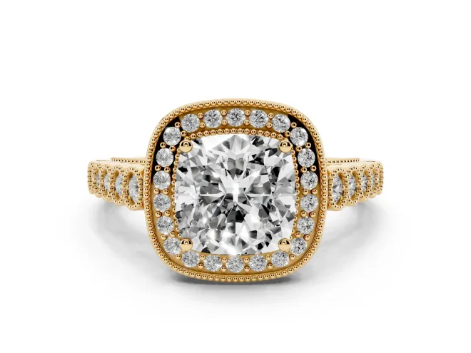 Cushion Cut Milgrain Halo Engagement Ring Setting | Graduated Bezel Accents | Yellow Gold