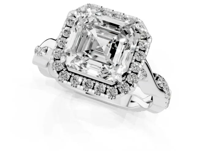 Asscher Cut Diamond Halo Twist Band Solitaire Ring Set in Silver with Prong Setting – second view