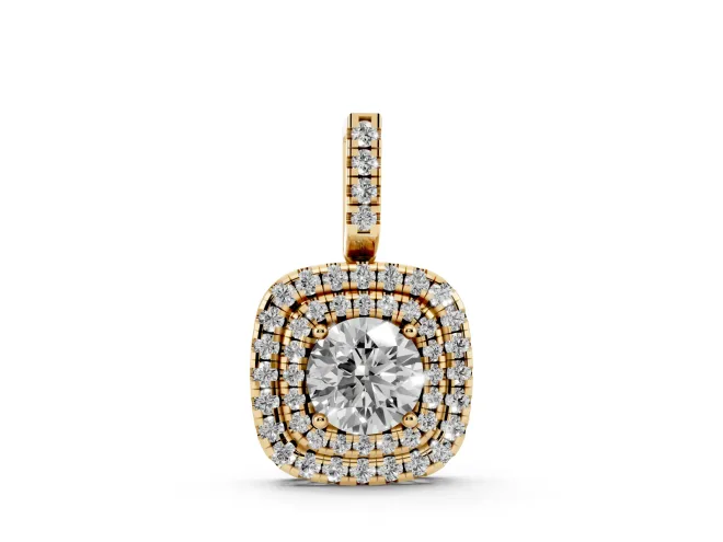 Round Lab-Grown Diamond Cushion Double Halo Pendant Necklace | Pavé Bail | Yellow Gold