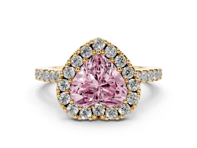 Heart-Shaped Halo Engagement Ring Setting for a Fancy Pink Lab-Grown Diamond | Single Row Pavé Band | Yellow Gold