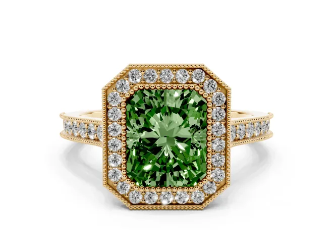 Radiant Cut Vintage Milgrain Halo Engagement Ring Setting for a Fancy Green Lab-Grown Diamond | Bezel Head | Yellow Gold