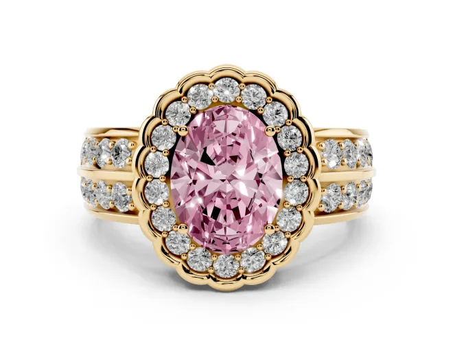 Oval Scalloped Halo Engagement Ring Setting for a Fancy Pink Lab-Grown Diamond | Double Row Band | Yellow Gold