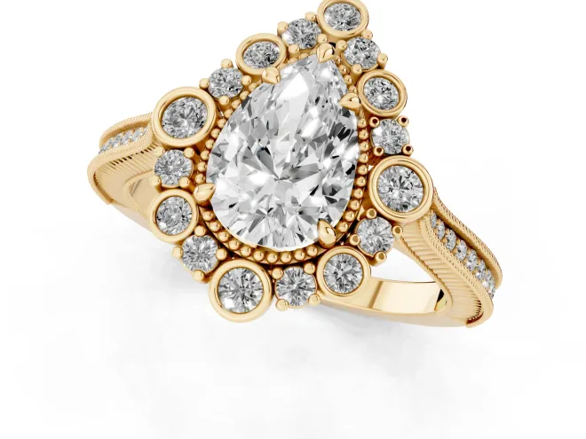 Pear Cut Diamond Halo Milgrain Pavé Ring Set in Yellow gold with Prong Setting – second view