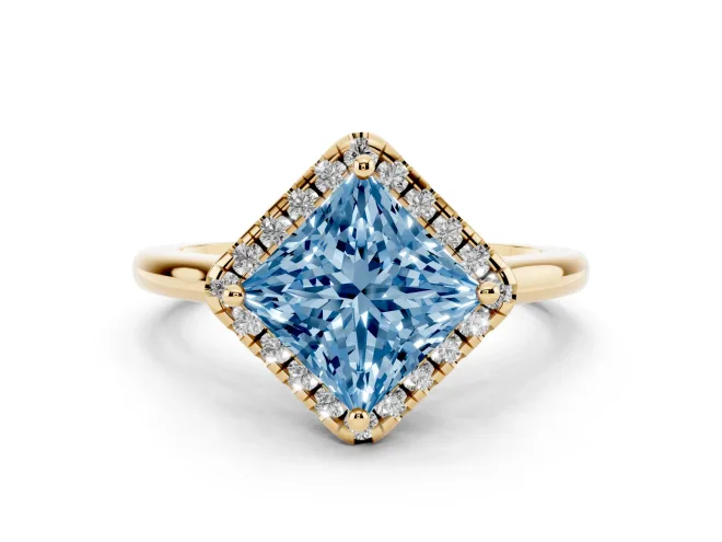Fancy Blue Princess Cut Diamond Halo Engagement Ring Set in Yellow gold with Pavé Band and Rising Shoulders