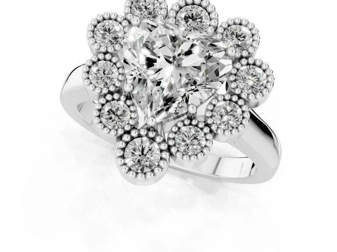 Heart Cut Diamond Cluster Halo Ring Set in Platinum with Milgrain Bezel Accents and Plain Band – second view