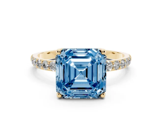 Asscher Cut Pavé Solitaire Engagement Ring Setting for a Fancy Blue Lab-Grown Diamond | Slim Band | Yellow Gold