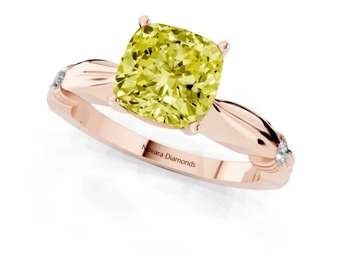 Fancy Yellow Cushion Cut Diamond Solitaire Twisted Band Ring Set in Rose gold with Accent Stones and Prong Setting – second view
