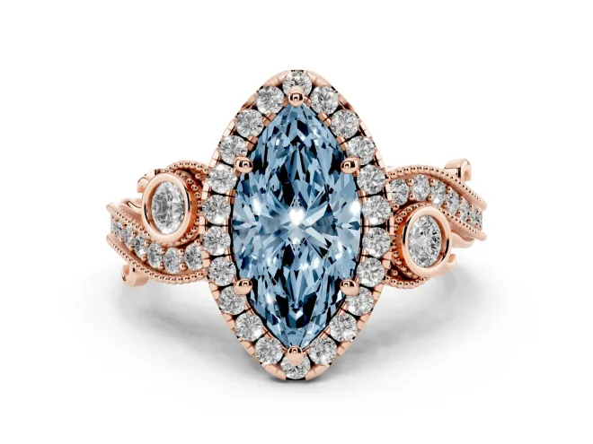 Marquise Vintage Halo Engagement Ring Setting for a Fancy Blue Lab-Grown Diamond | Bezel Shoulder Accents | Rose Gold