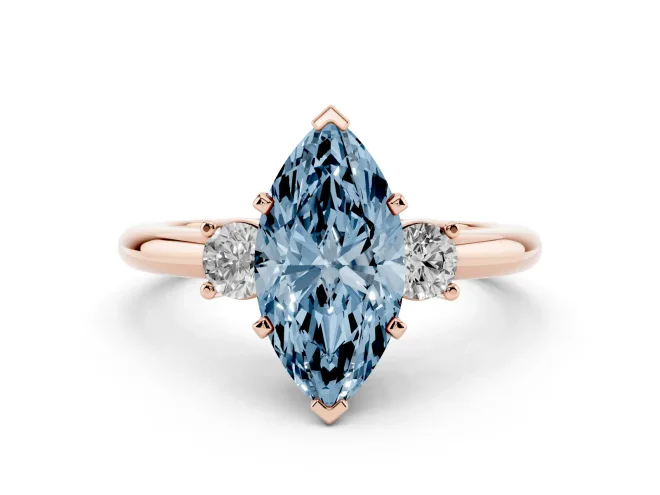 Marquise Three Stone Engagement Ring Setting for a Fancy Blue Lab-Grown Diamond | Round Side Stones | Rose Gold