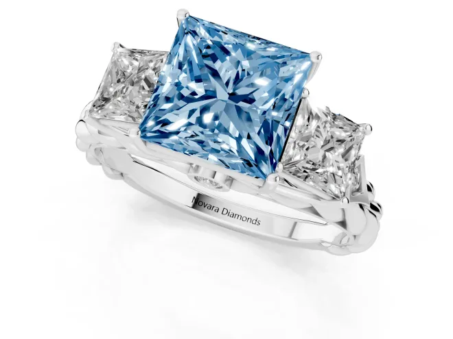 Fancy Blue Princess Cut Diamond Three-Stone Ring Set in Silver with Braided Band – second view