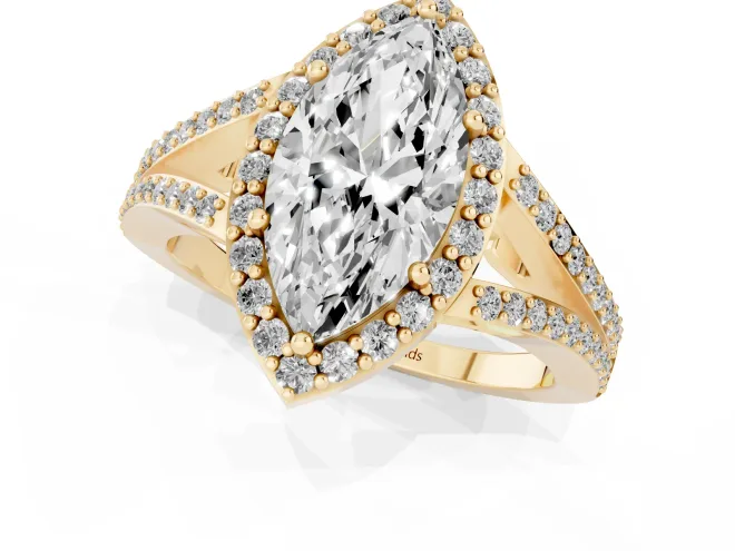Marquise Cut Diamond Halo Split Shank Pavé Ring Set in Yellow gold with Prong Setting – second view