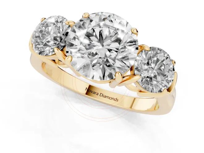 Round Three Stone Engagement Ring Setting | Round Side Stones and Open Baskets | Yellow Gold – second view
