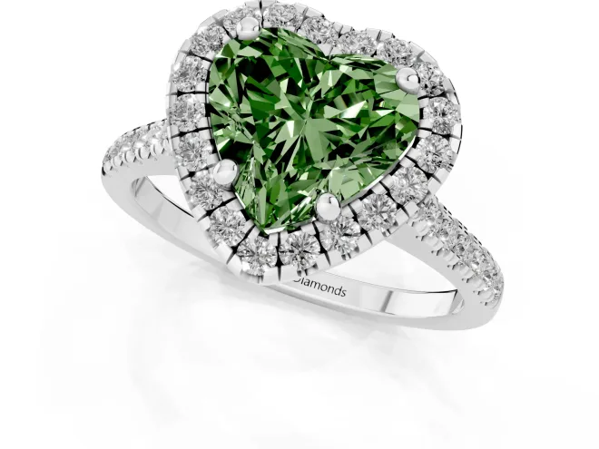 Fancy Green Heart Cut Diamond Cushion Halo Ring Set in White gold with Pavé Band – second view