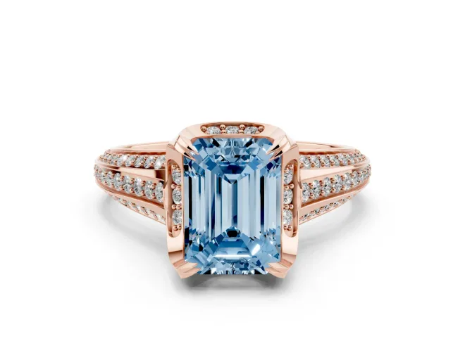 Emerald Cut Hidden Halo Engagement Ring Setting for a Fancy Blue Lab-Grown Diamond | Triple Row Pavé Band | Rose Gold