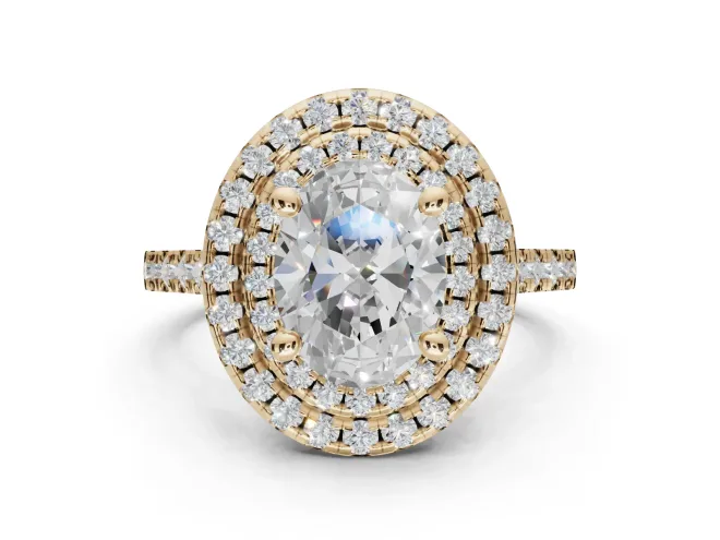 Oval Lab-Grown Diamond Double Halo Statement Ring Set in Yellow Gold with Pavé Band