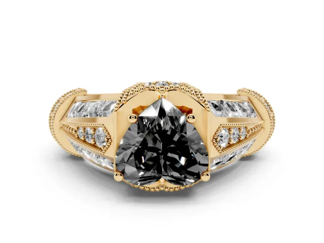 Heart-Shaped Vintage Milgrain Engagement Ring Setting for a Black Center | Hidden Halo | Yellow Gold