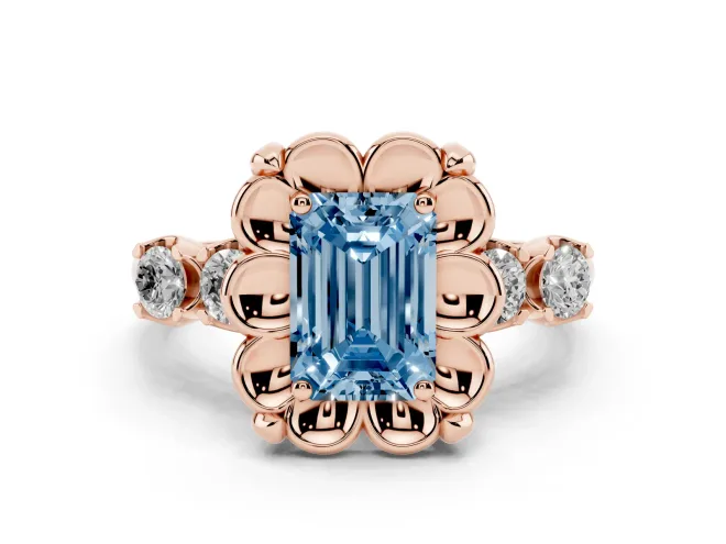 Fancy Blue Emerald Cut Diamond Floral Halo Ring Set in Rose gold with Shared Prong Band