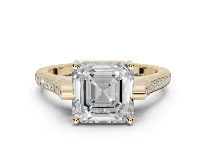Asscher Cut Vintage Cathedral Engagement Ring Setting | Carved Band | Yellow Gold