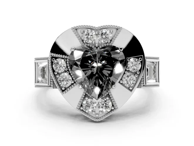 Fancy Black Heart Cut Diamond Milgrain Halo Ring Set in White gold with Split Shank