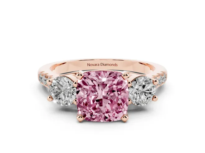 Cushion Cut Three-Stone Engagement Ring Setting for a Fancy Pink Lab-Grown Diamond | Rose Gold