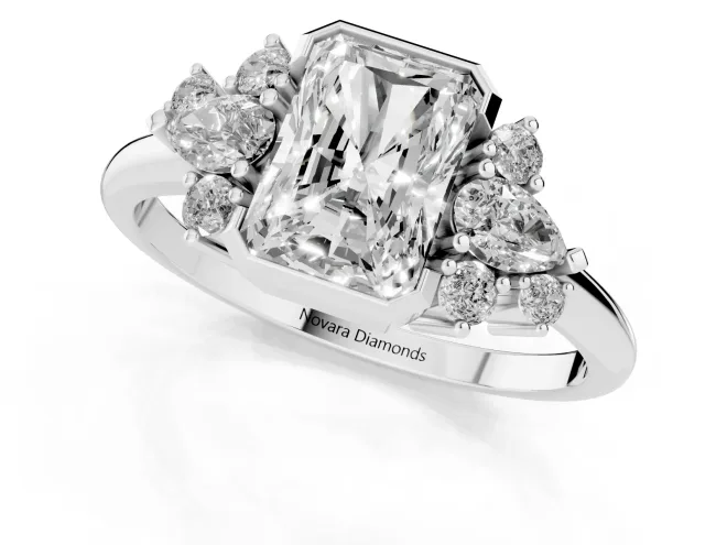 Radiant Diamond Cluster Side Stone Ring Set in Platinum with Pear and Round Side Stones – second view