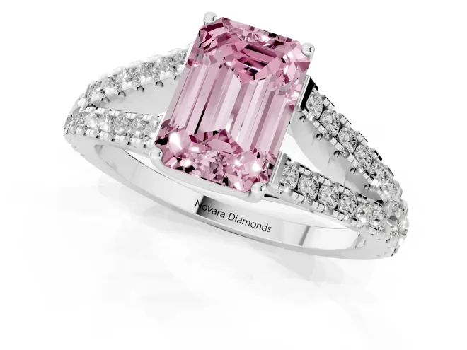 Fancy Pink Emerald Cut Diamond Split Shank Pavé Engagement Ring Set in White gold with Prong-Held Center Stone – second view