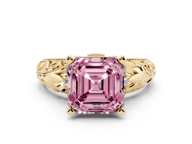 Asscher Cut Filigree Engagement Ring Setting for a Fancy Pink Lab-Grown Diamond | Yellow Gold