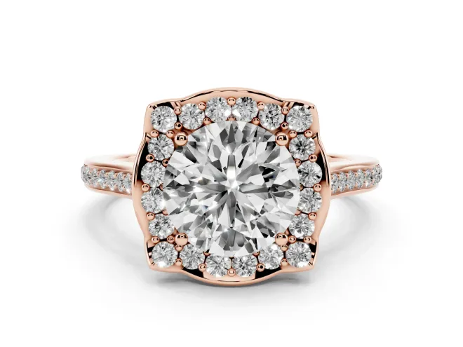 Round Petal Tip Halo Engagement Ring Setting | Single Row Pavé Band | Rose Gold